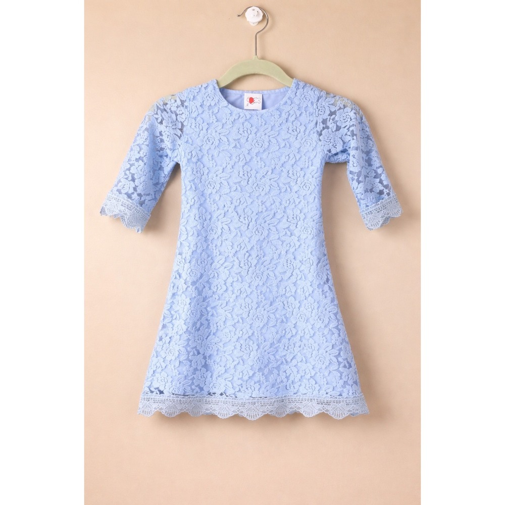 Girls Blue Floral Lace Dress‎ Size 130 US 7 8 Party Easter Wedding